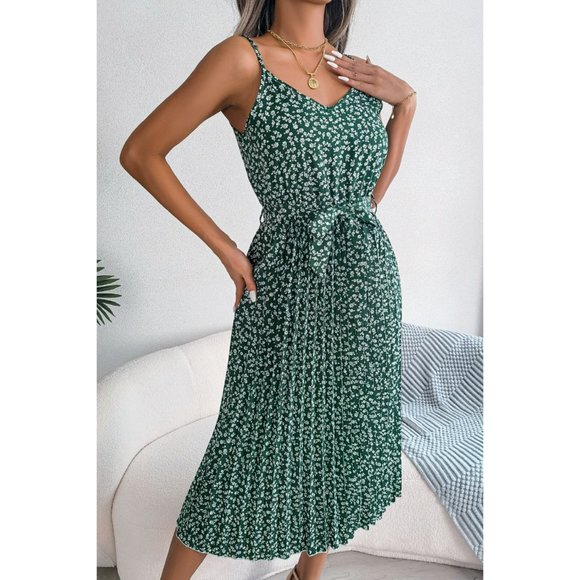 Ditsy Floral Belted Spaghetti Strap Pleated Dress - Picture 3 of 3